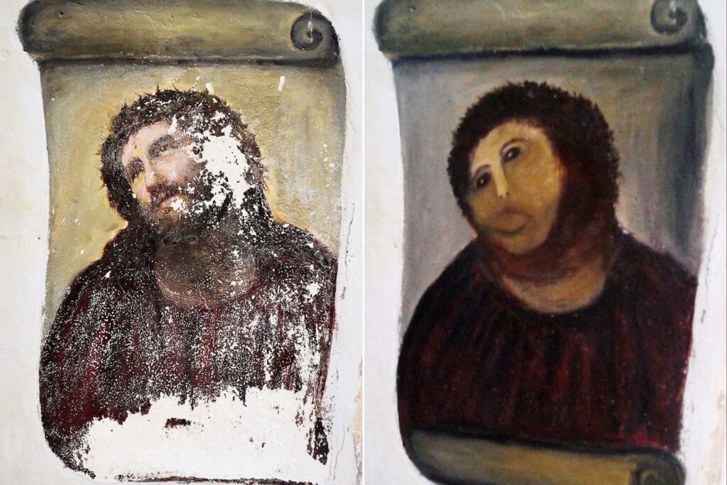 Image of Ecce Homo 1930 fresco in Spain, before and after negative restoration attempt in 2012.